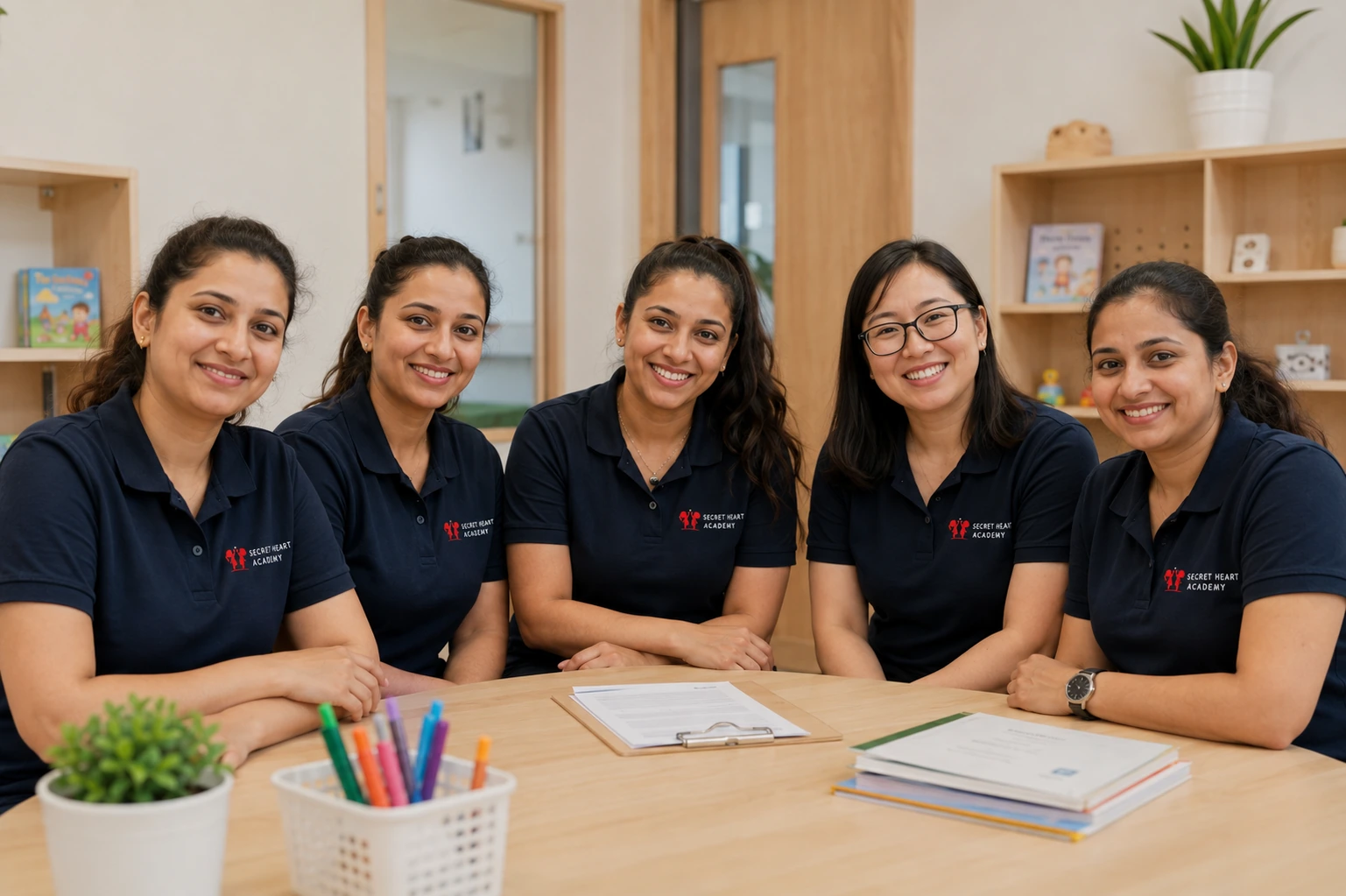 Secret Heart Academy educators smiling together at a table