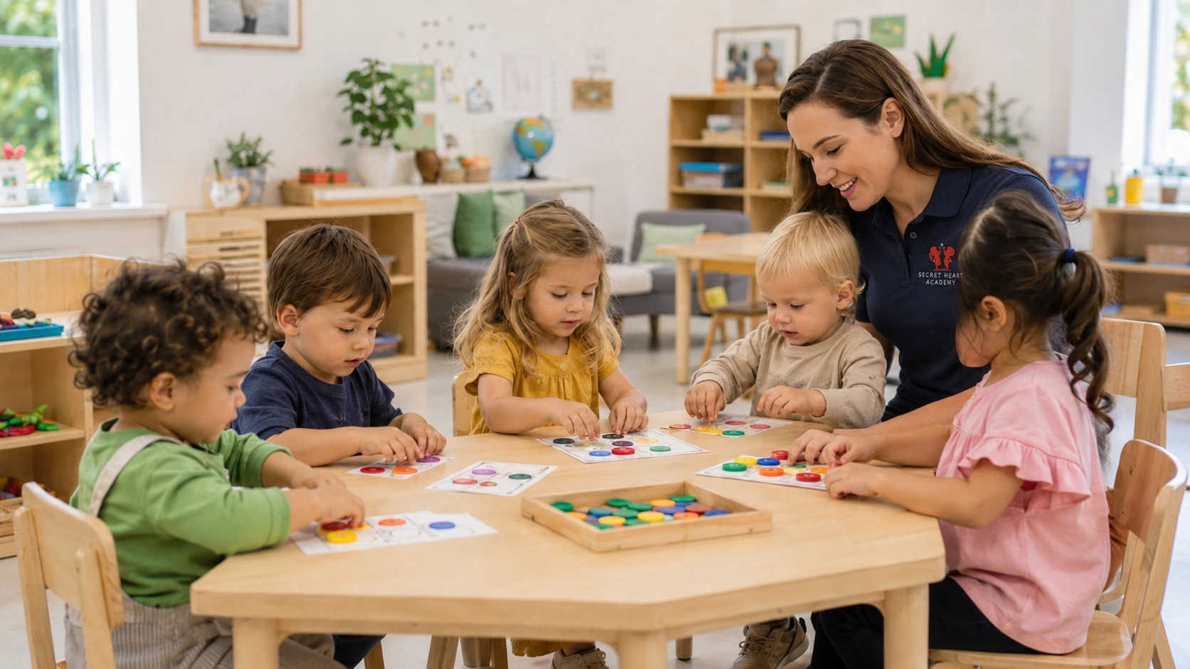 An educator and a mixed-age group of children learning together at a table at Secret Heart Academy