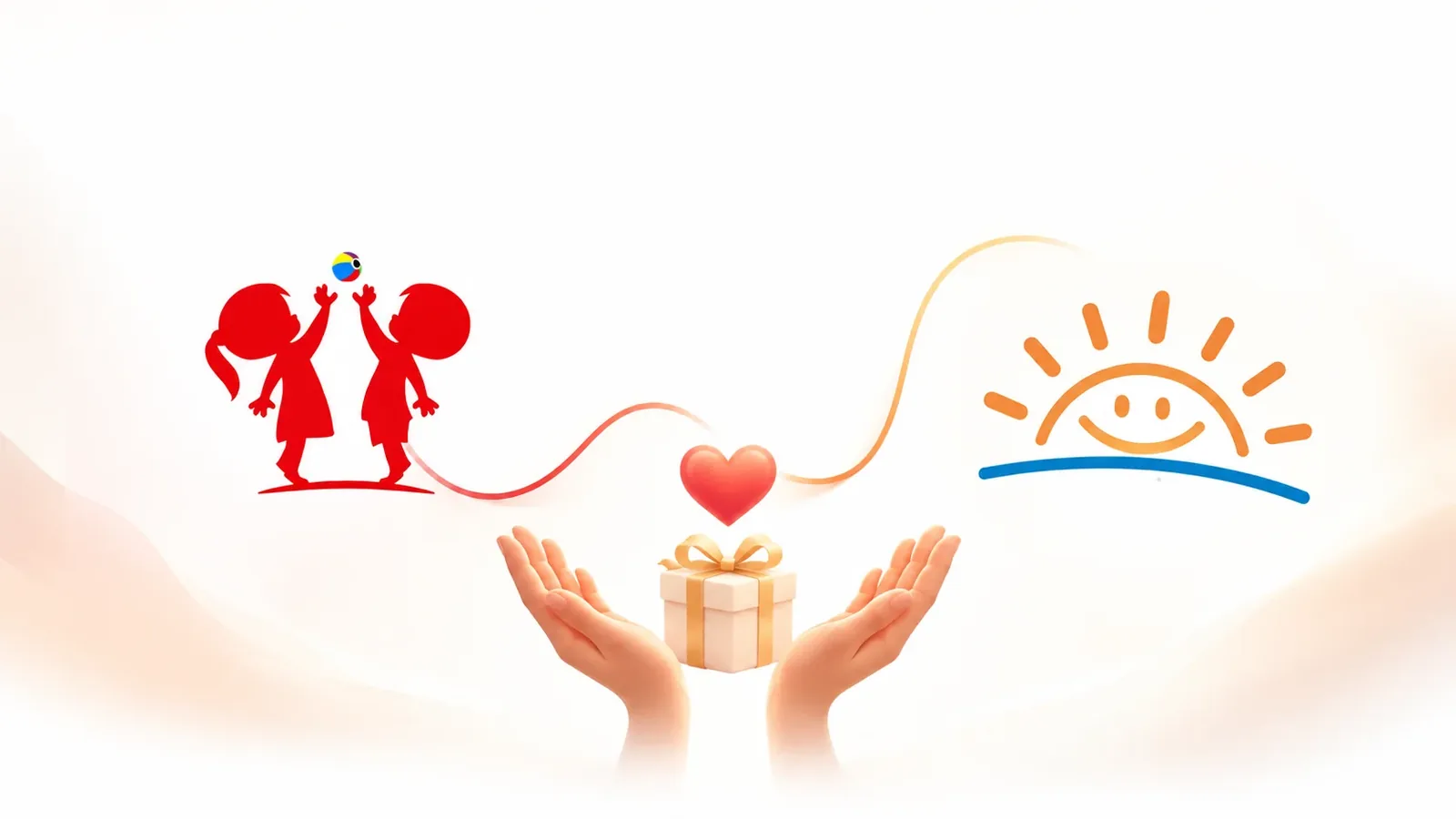 Illustration of two children, a heart held in caring hands, and a smiling sun