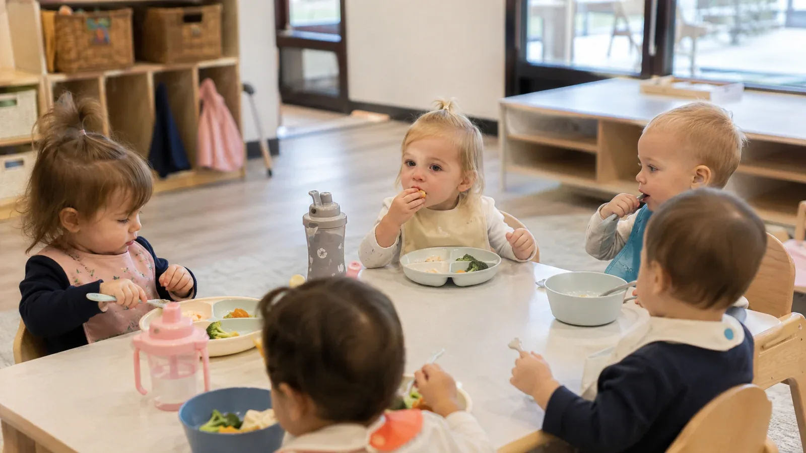Young children eating a balanced meal together in a Secret Heart Academy classroom