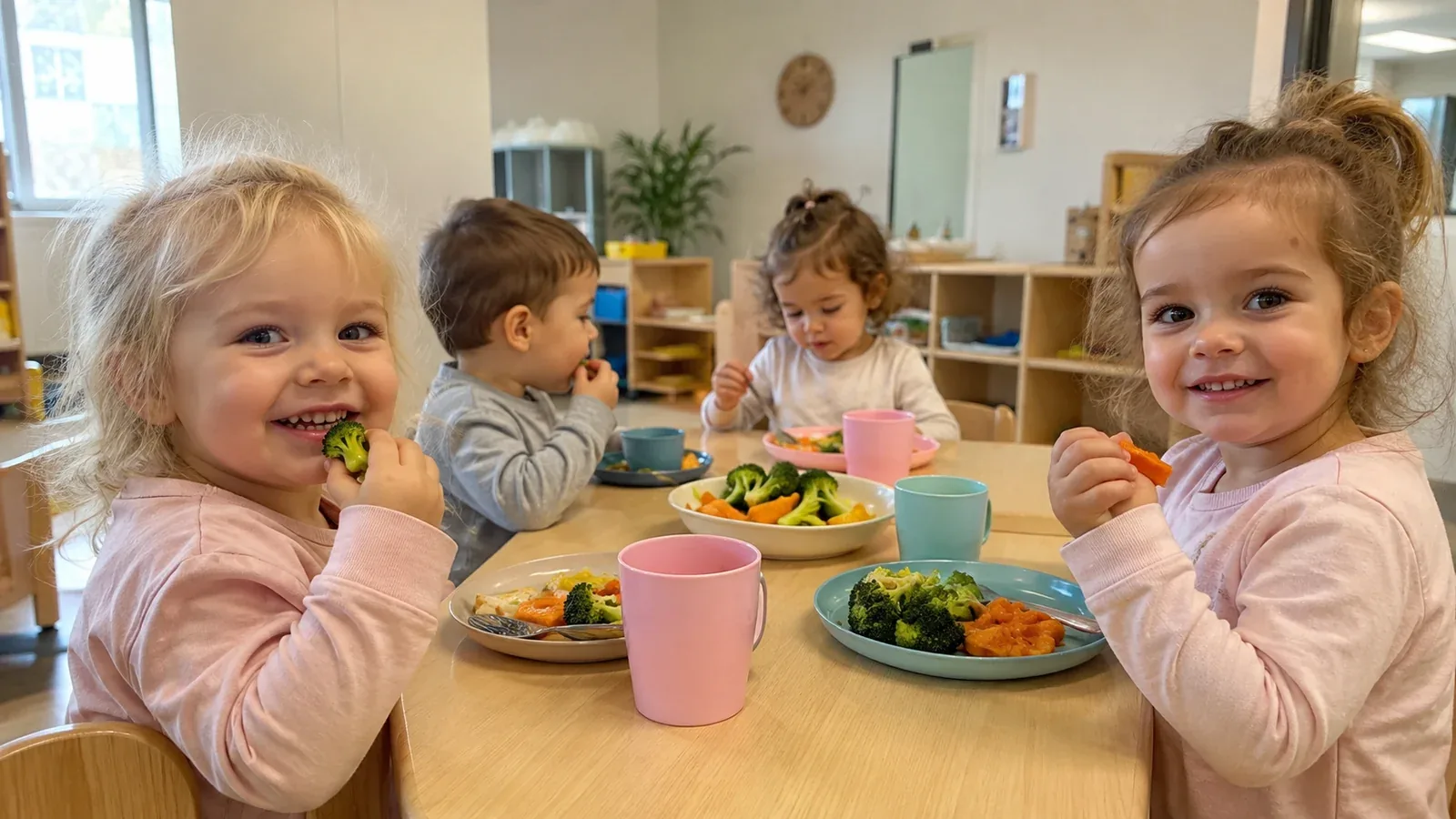 Toddlers enjoying broccoli, carrots and other vegetables together at a Secret Heart Academy table