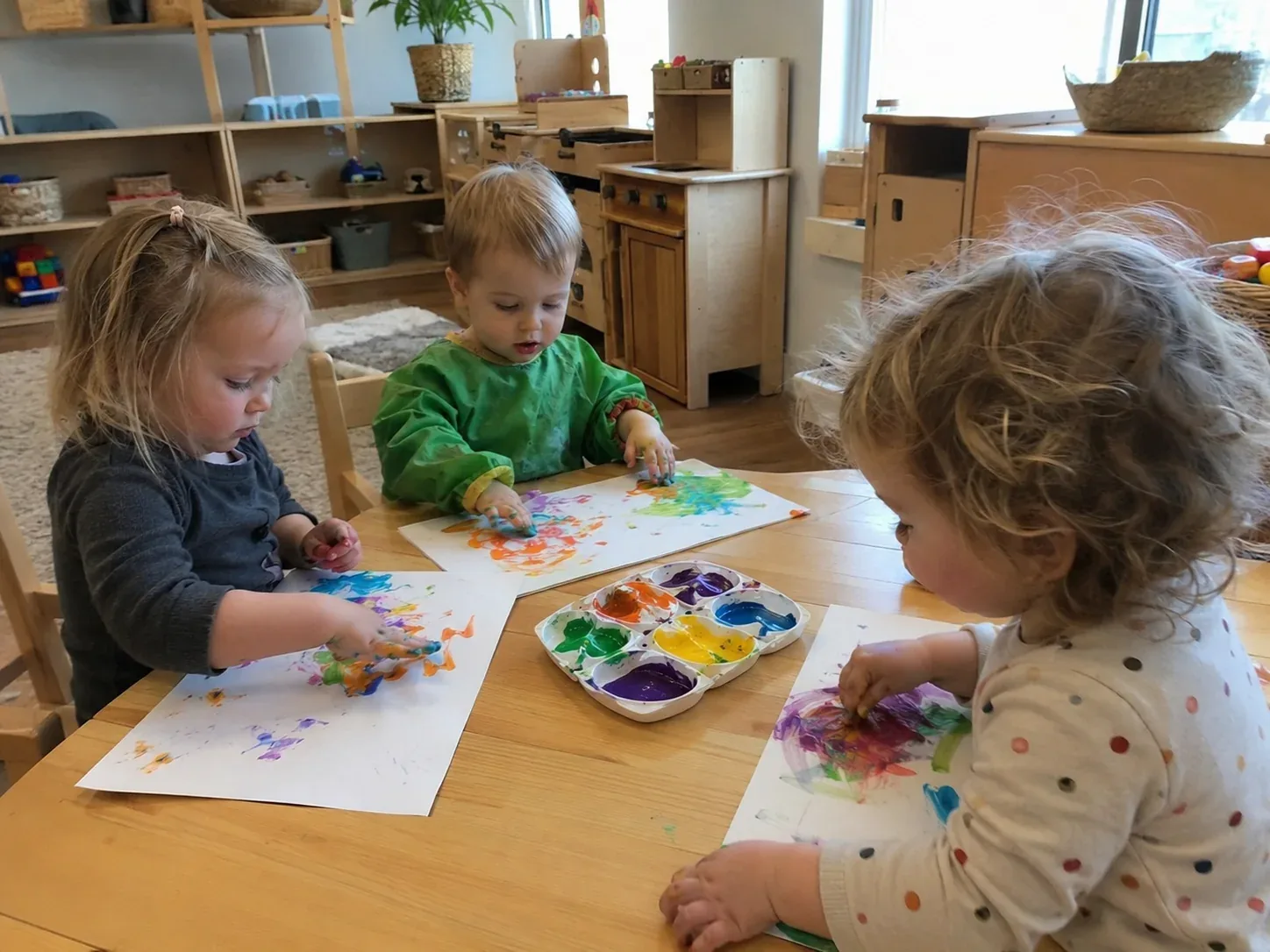 Three toddlers finger painting with bright colours at a table