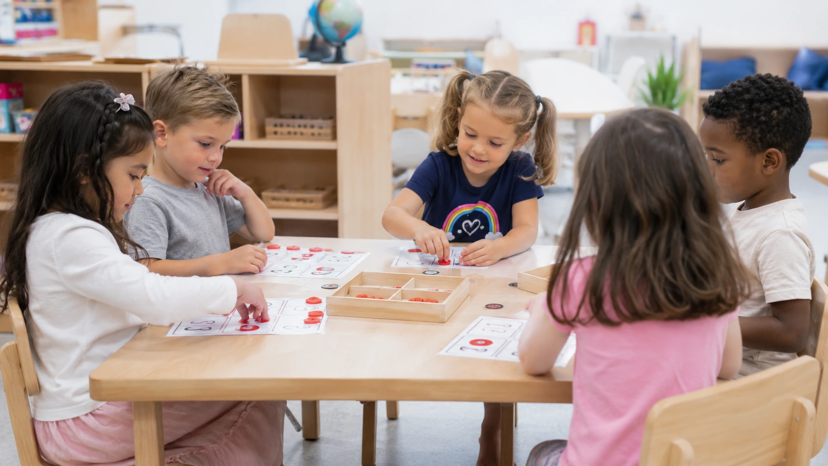 Junior Kindergarten 4–5 children working with counting materials at a table at Secret Heart Academy