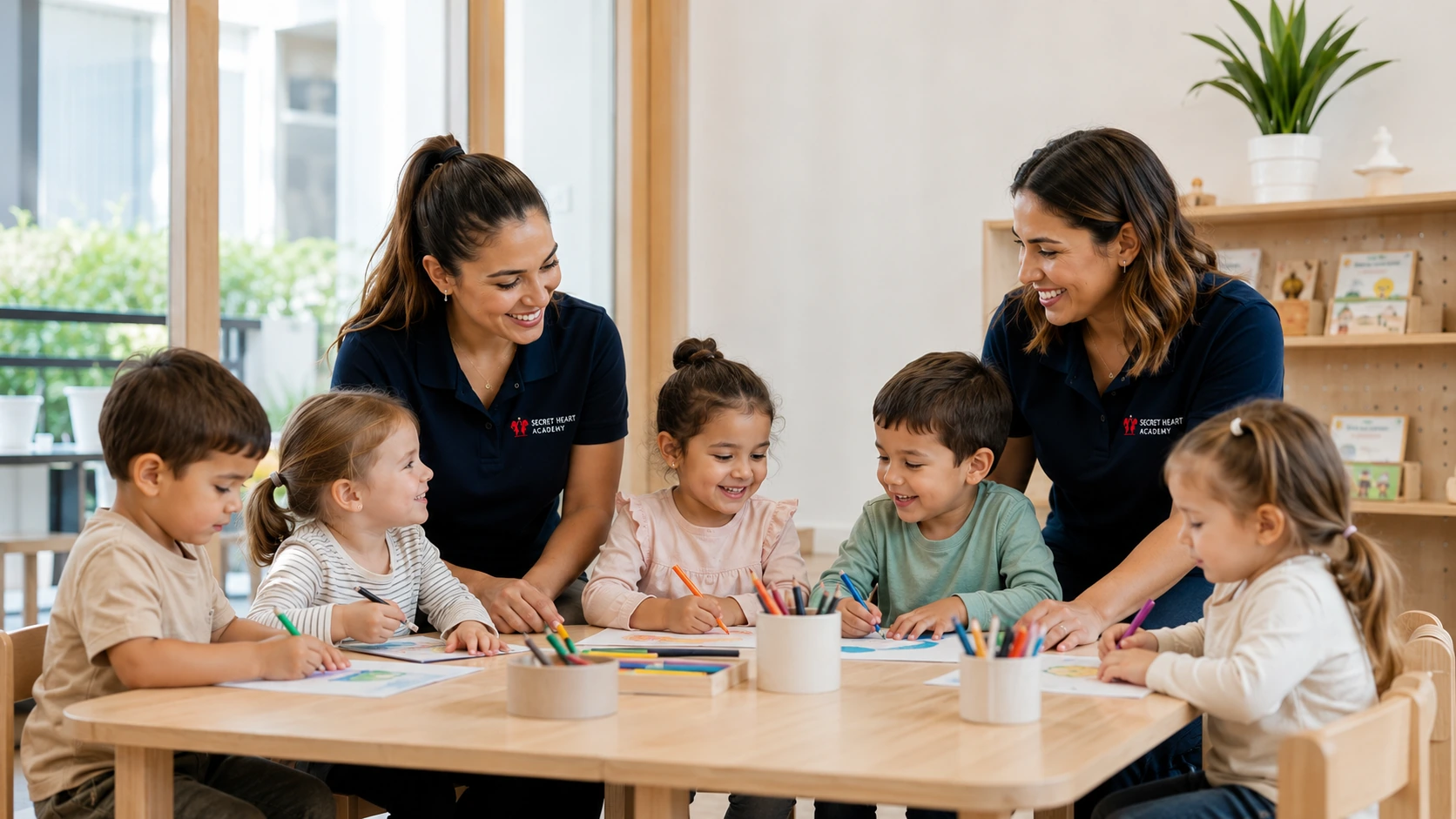 Educators and children colouring together at a table at Secret Heart Academy