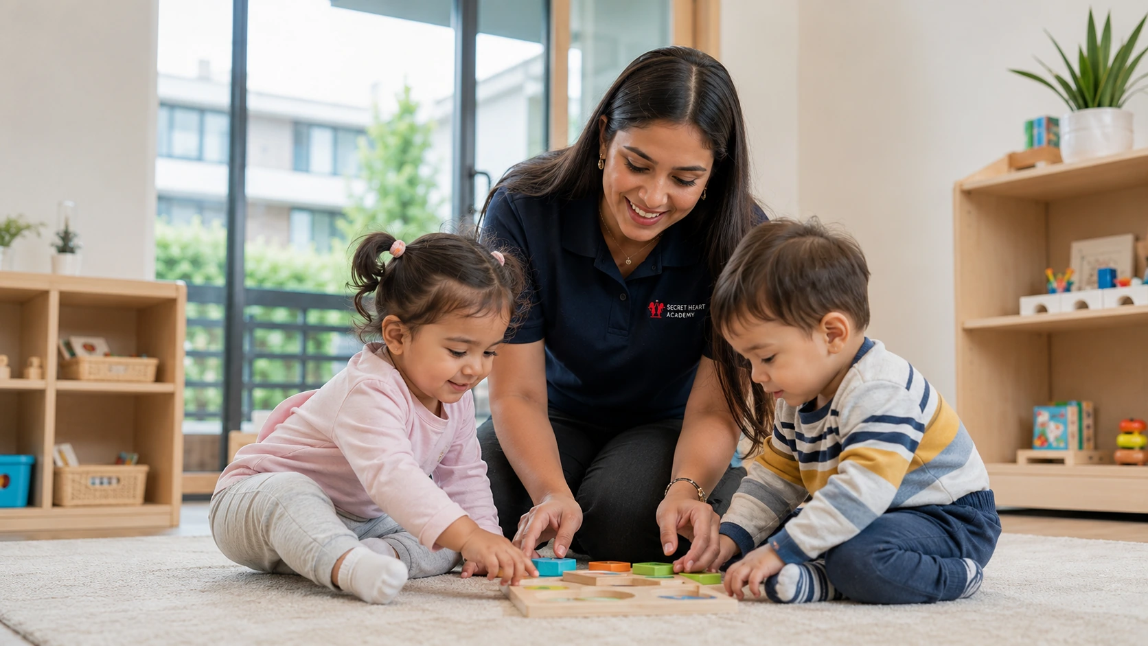 An educator and two toddlers exploring a shape puzzle together at Secret Heart Academy
