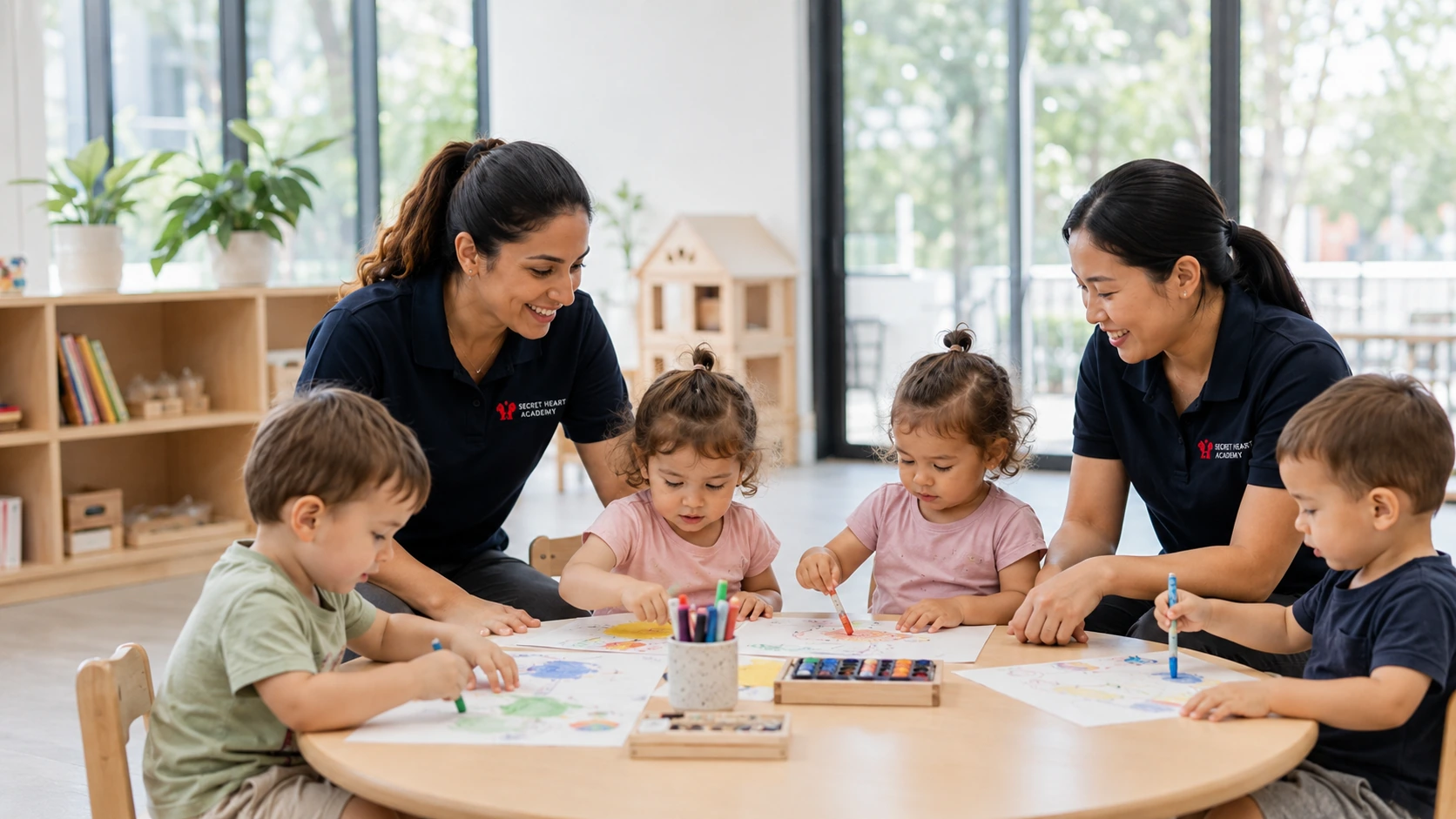 Two Secret Heart Academy educators colouring and creating alongside four young children at a classroom table